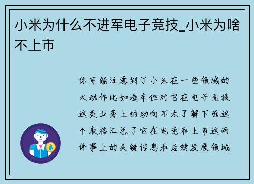 小米为什么不进军电子竞技_小米为啥不上市